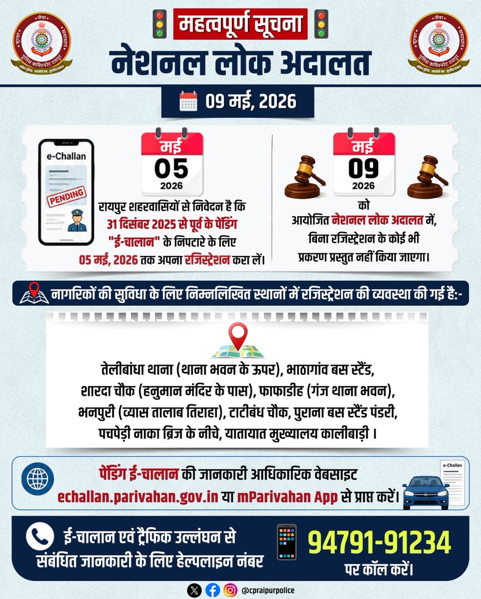 CPRaipurPolice's tweet photo. 📌पेंडिंग ई-चालान से संबंधित महत्वपूर्ण सूचना !

🗓️ 09 मई, 2026 को आयोजित नेशनल लोक अदालत में पेंडिंग ई-चालान के निपटारे के लिए, कृपया 05 मई, 2026 तक रजिस्ट्रेशन करा लें ताकि असुविधा न हो।

#PoliceCommissionerateRaipur #Raipur #Chhattisgarh #RaipurPolice https://t.co/cr4elsfpT6
