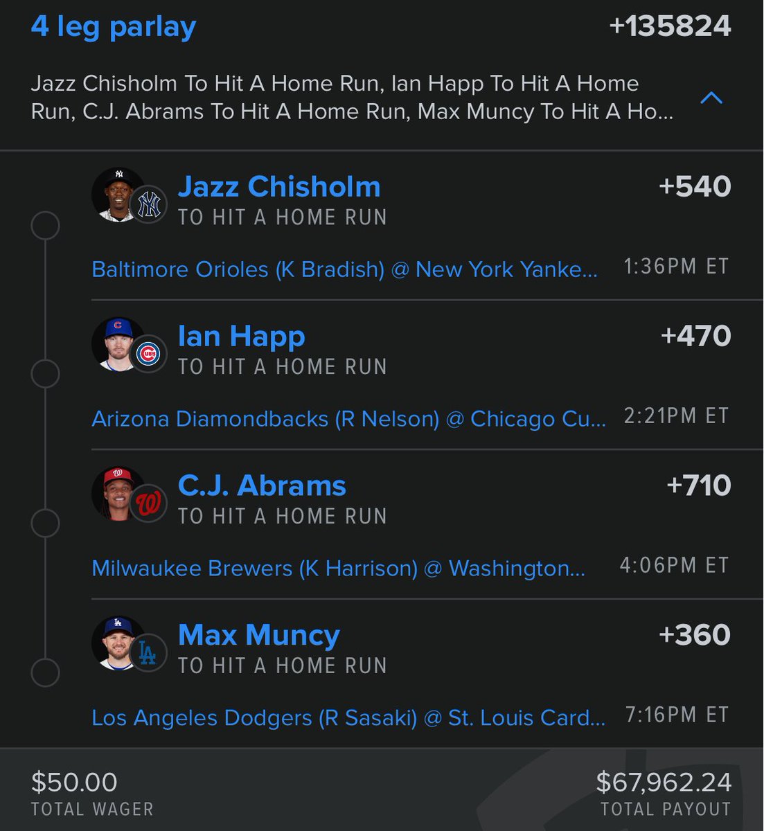 Lottolocks's tweet image. MASSIVE #MLB HOME RUN LOTTO 💥⚾

GIVING 5 PPL THAT LIKE/FOLLOW/RT $1000 IF THIS CASHES ✅