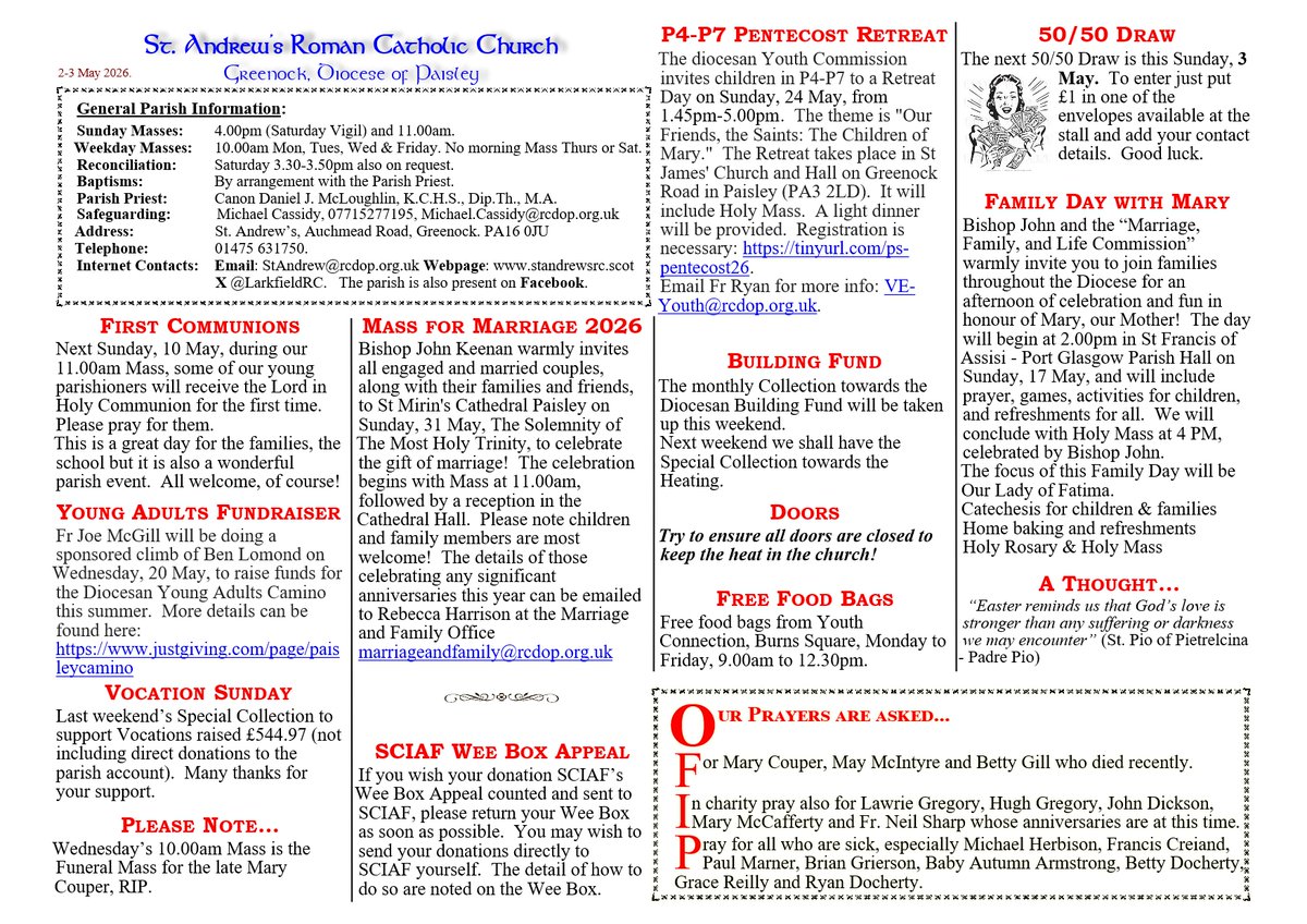 LarkfieldRC's tweet photo. Parish Bulletin w/e 2-3 May 2026. https://t.co/Nr0B0UjErS