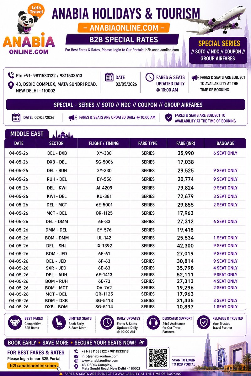 AanasBhat's tweet photo. Greetings from Anabia Holidays &amp; Tourism.

We are pleased to share our daily updated inventory featuring Special Series Umrah Groups, Middle East sectors, Europe sectors, Asia sectors, and Domestic Pan India sectors. https://t.co/Rr40IRfkgT