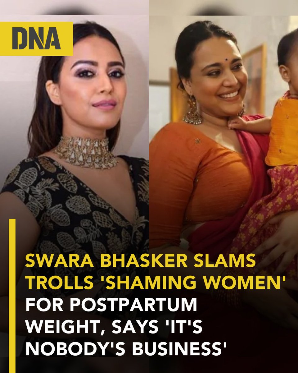 dna's tweet photo. Swara Bhasker has hit out at body-shaming trolls, saying she refuses to 'bounce back' after childbirth and that women’s bodies should not be judged for natural changes after motherhood.
Read here :https://t.co/yrK2lgDmEr
#DNAUpdates | #SwaraBhasker | #Women | #BodyShame https://t.co/LtAIHtPFD1