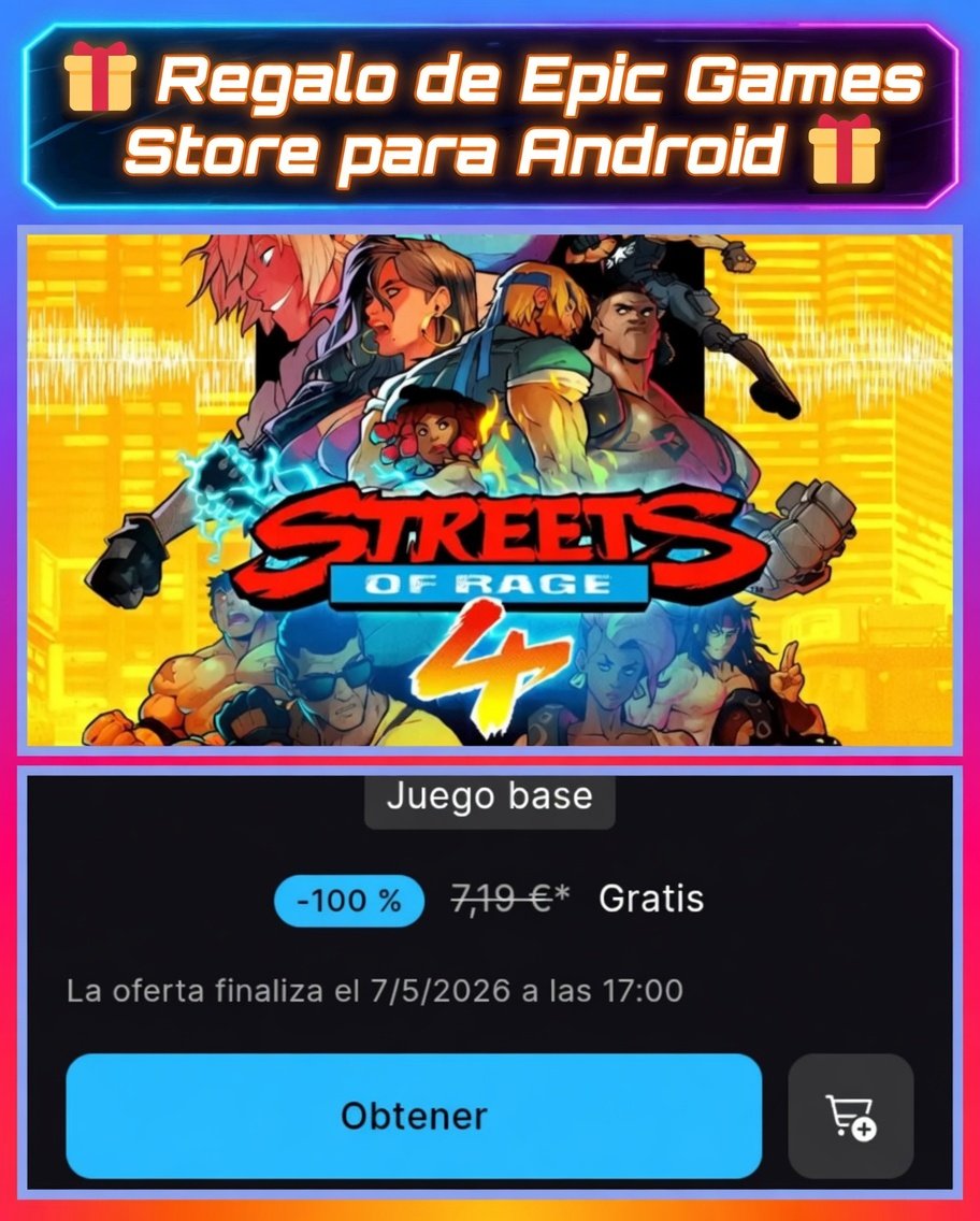 JUEGOSYDISFRUTE's tweet image. Un nuevo día y que mejor que alegrar el día con un juego Gratis para Android de parte de Epic Games Store

✅ Será tuyo si lo añades a tu cuenta de Epic antes del 7/5/2026 a las 17:00
✅" Streets of Rage 4 "🤩🤩🤩🤩
Enl: store.epicgames.com/es-ES/p/street…
 ¿ Lucharás ?

@Android #Gratis