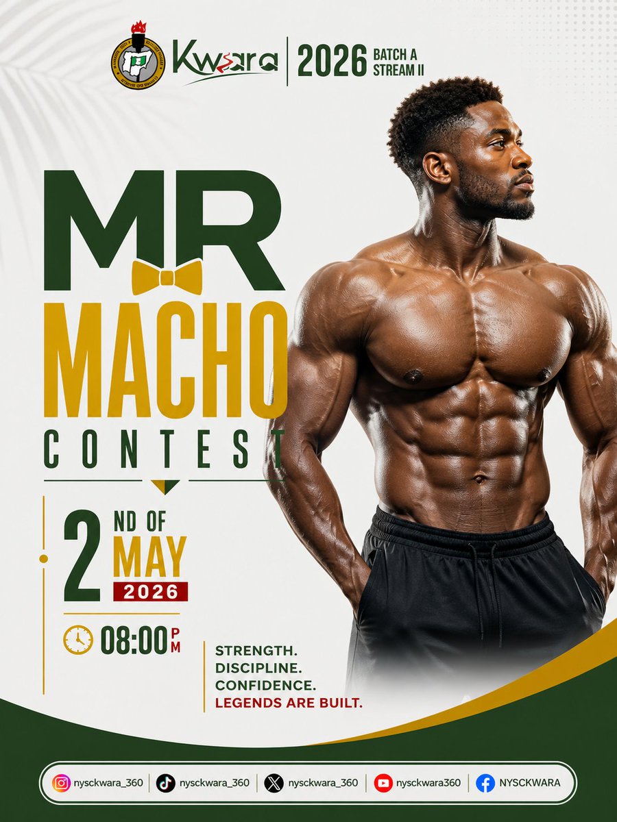 nysckwara_360's tweet image. ARE YOU READY?? 🔥

Mr Macho &amp;amp; Miss NYSC 2026 goes down TONIGHT!

10 Platoons. 20 Contestants. 2 Crowns. 

Who’s taking it home? 

8PM Sharp
No African time tonight 😏

#MrMacho #MissNYSC #Tonight