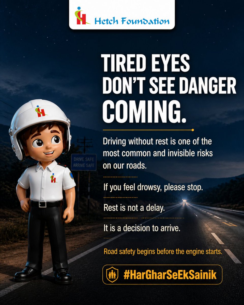 hetchfoundation's tweet image. Tired driving is dangerous.If you feel drowsy, stop and rest.
Reaching safely matters more than reaching fast.#RoadSafety #DriveSafe #StayAlert #HarGharSeEkSainik