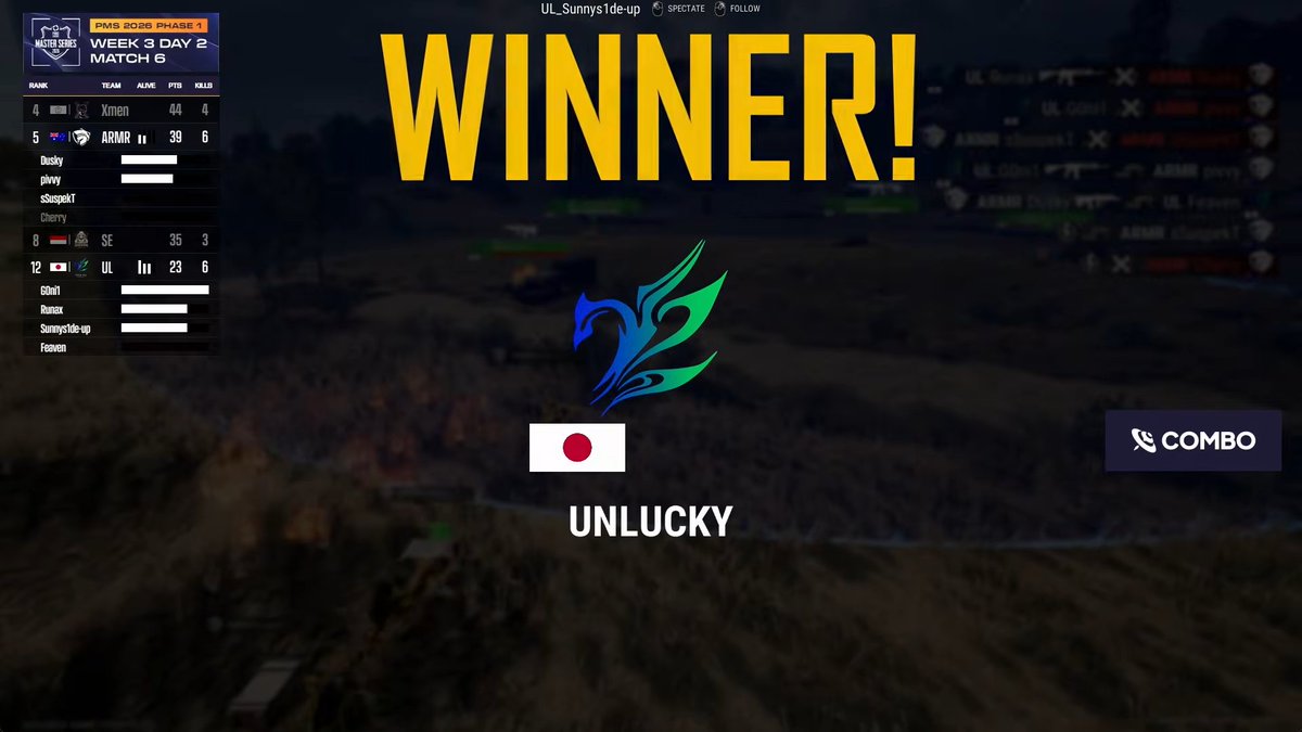 PUBGEsports_JP's tweet image. PUBG Master Series 2026 Phase 1：Week 3 Day 2

🇯🇵UNLUCKY Match 6ドン勝！

配信チャンネル：
🔴youtube.com/@PUBGEsportsAP…
🟣twitch.tv/pubgjapan

#PUBG #PUBGEsports #PMS