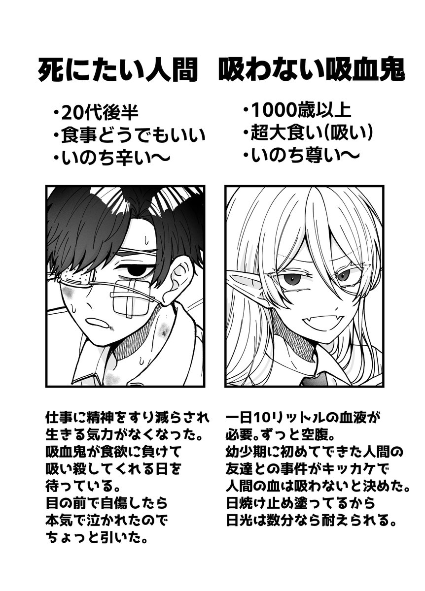 死にたい人間×吸わない吸血鬼の出会い
 #創作BL