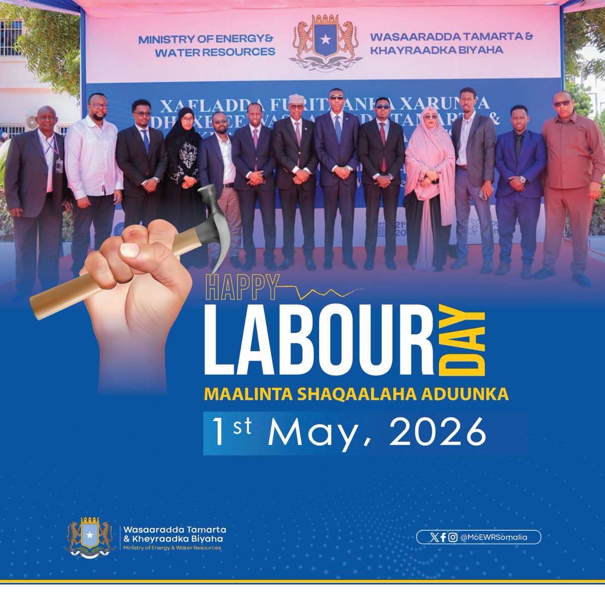 MoEWRSo's tweet photo. Happy #LabourDay to the resilient workers of Somalia and the world. The @MoEWRSo celebrates your tireless efforts in building a brighter, more sustainable future for all. To the engineers, technicians and laborers providing energy &amp; water to our nation
You are the driving force. https://t.co/LMJq8G3Rv5