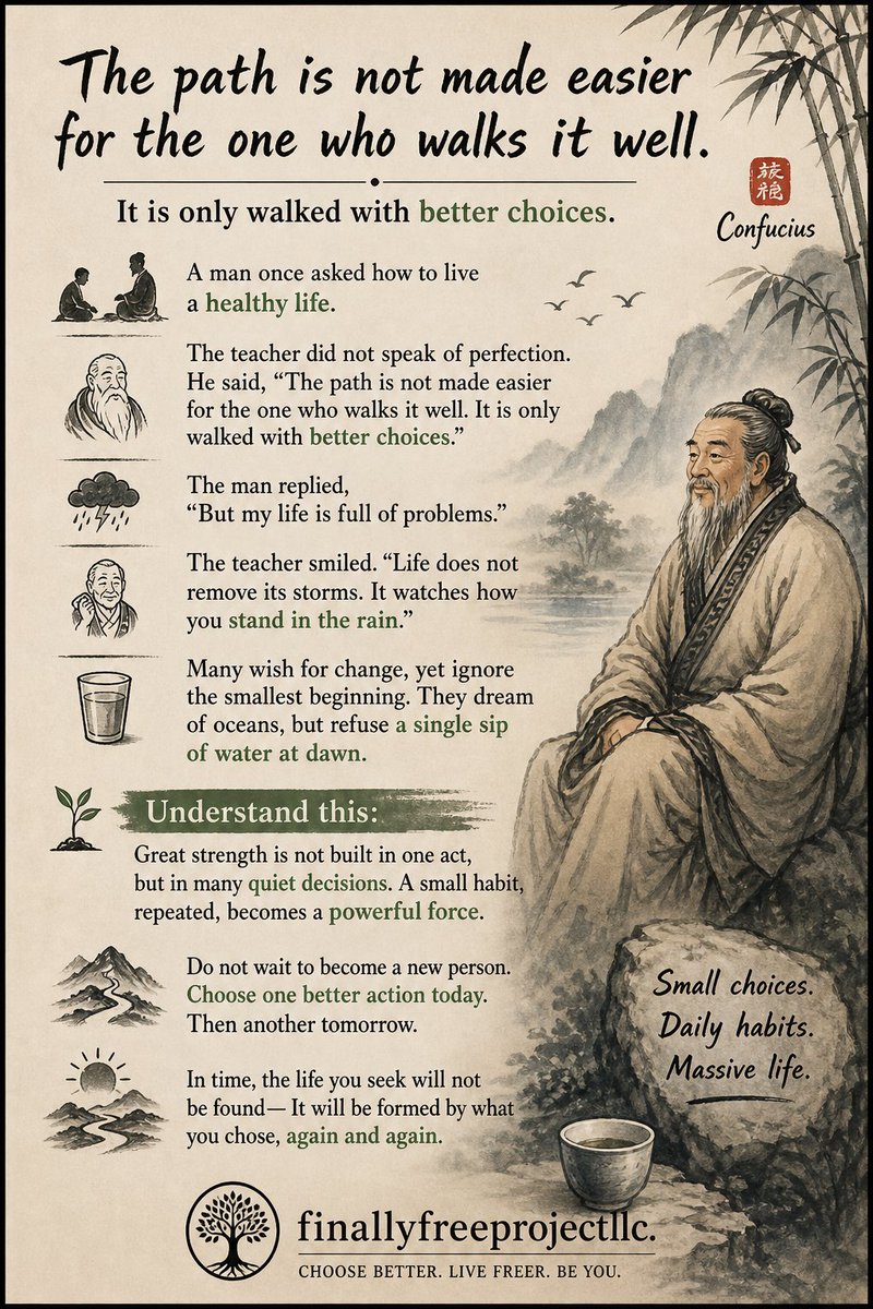 finallyfree2026's tweet photo. A man once asked how to live a healthy life.

The teacher did not speak of perfection. He said, “The path is not made easier for the one who walks it well. It is only walked with better choices.” https://t.co/spB20vzvbL