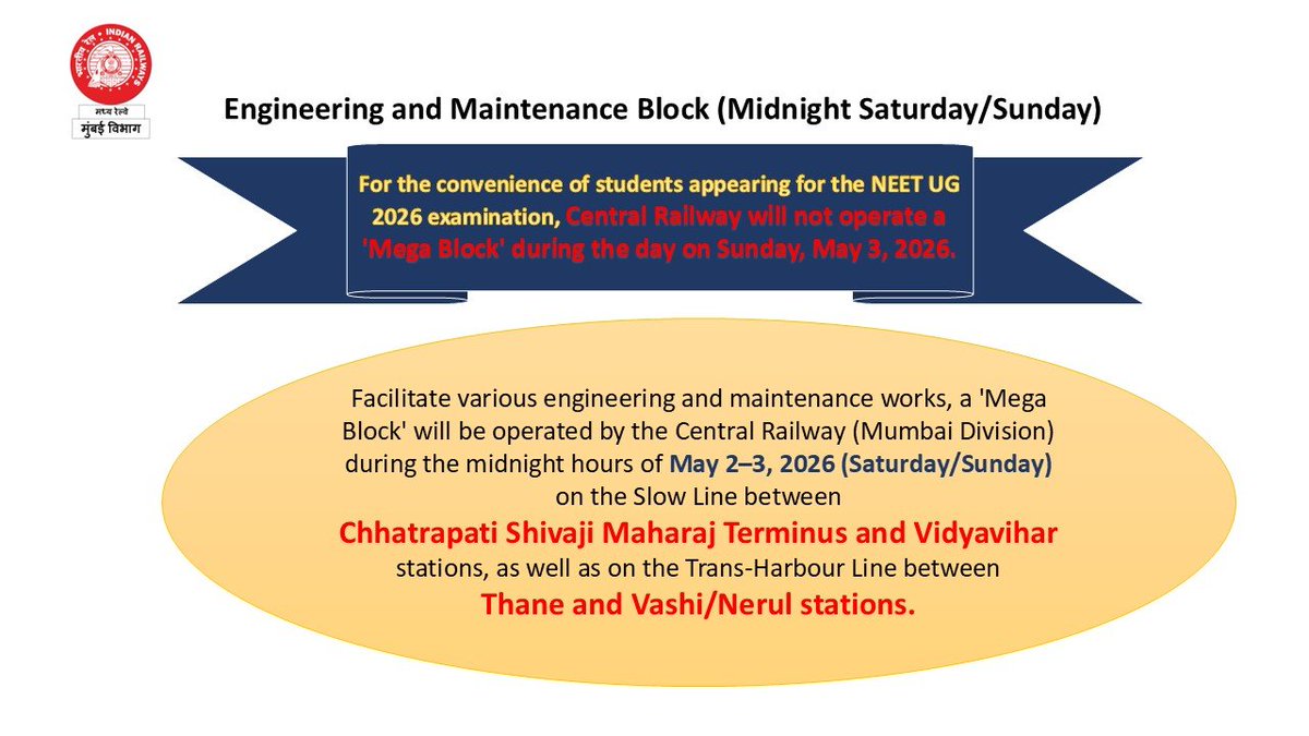 drmmumbaicr's tweet image. Engineering and Maintenance Block 02/03-05-2026 (Midnight Saturday/Sunday)

Passenger, please note that for the convenience of students appearing for the NEET UG 2026 examination, Central Railway will not operate a '#Mega_Block' during the daytime on #Sunday, May 3, 2026.