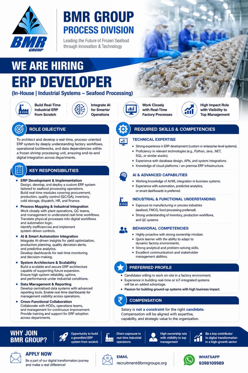 bmrgroups's tweet photo. 🚀 We’re Hiring – ERP Developer | BMR Group
Step into a high-impact role where technology meets real-time industrial

operations.
At BMR Group – Process Division, we are looking for a passionate ERP Developer to build and scale next-generation systems for seafood processing. https://t.co/sJuJ2uOdqs