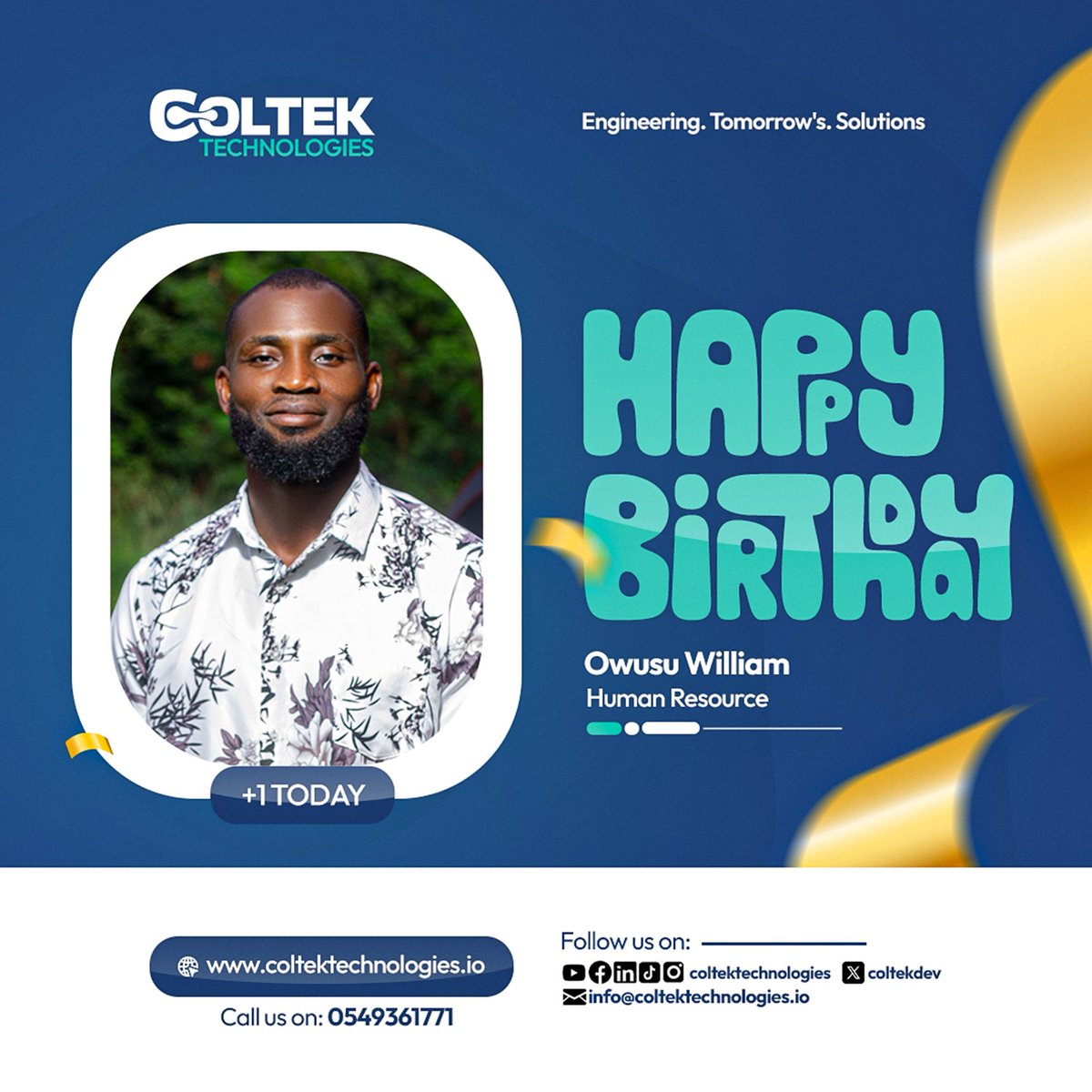 coltekdev's tweet image. Happy Birthday to our Human Resource lead, Owusu William! 🥳

Owusu is a key part of the team driving "Engineering Tomorrow's Solutions" at Coltek Technologies. 

We’re proud to have him on board! 🚀

#ColtekTechnologies #HumanResources #TechTeam #GhanaTech #HappyBirthday