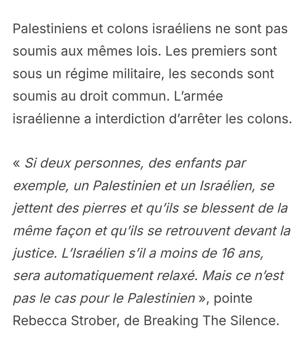 Sam9451Sam's tweet image. Il n'aura aucune sanction
En #Israel #Apartheid un colon israélien est jugé devant la loi civile, un palestinien devant des tribunaux militaires.
Tsahal protege les colons terroristes.