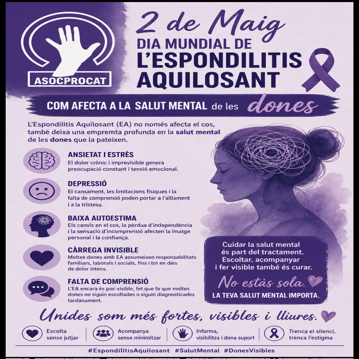 asocprocat's tweet image. #DiaMundialEspondilitisAnquilosant per a les dones va més enllà del físic: és culpa, incertesa i fatiga extrema. recordem que cuidar la ment és vital 
Reivindiquem:
Diagnòstics sense biaix de gènere.
Suport a la #SalutMental
Més visibilitat per a les dones amb #EA
 #DolorCrònic