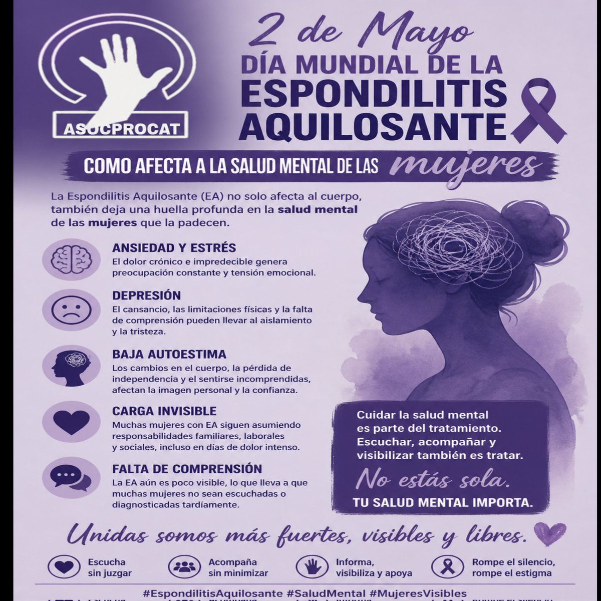 asocprocat's tweet image. #DiaMundialEspondilitisAnquilosant per a les dones va més enllà del físic: és culpa, incertesa i fatiga extrema. recordem que cuidar la ment és vital 
Reivindiquem:
Diagnòstics sense biaix de gènere.
Suport a la #SalutMental
Més visibilitat per a les dones amb #EA
 #DolorCrònic