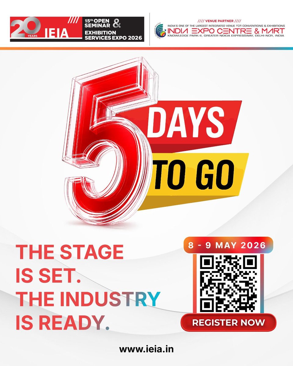 IEIA_sec's tweet image. 5 DAYS TO GO! 🔥
The future of the exhibition industry is here.
✨Network with top professionals
✨Unlock new opportunities
✨Join impactful conversations
📅 8–9 May 2026
📍 India Expo Centre, Greater Noida
🎟️ Register now: openseminar2026.ieia.in/registration/⁠
#IEIA2026 #5DaysToGo #Expo2026