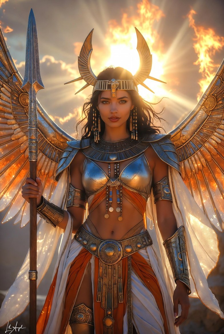 CLAngelillo's tweet photo. ☀️ “I am not the dawn. I *am* the fire that crowns it. Golden wings spread wide beneath a burning sky, spear in hand, and divine wrath in my eyes.
Kneel before the Sun Angel — or be blinded by her glory.” 🔥🪶
The heavens just got hotter.
#LilAngel #SunAngel #EgyptianGoddess #FantasyArt