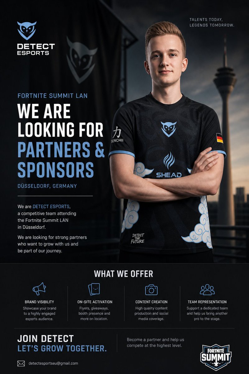DetectEsportsEU's tweet photo. DETECT ESPORTS is preparing to attend the Fortnite Summit LAN in Düsseldorf 🇩🇪

We are currently looking for partners &amp; sponsors to support us on our journey to Düsseldorf.

For inquiries:
📩 detectesportseu@gmail.com
📩 or message @FinnaticMng 

#DetectTheFuture 💙 https://t.co/UITFeYkPFQ