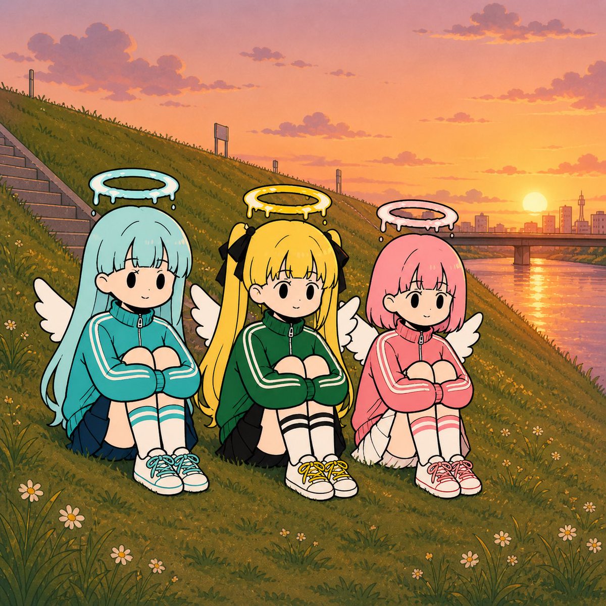 Chibi Angel Girls at Sunset