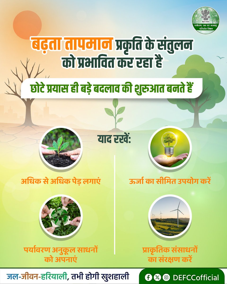 DEFCCOfficial's tweet image. तापमान में बढ़ोतरी के साथ समझदारी दिखाएं।

अधिक से अधिक पेड़ लगाएं, ऊर्जा का उचित उपयोग करें

@IPRDBihar @moefcc 
#SaveEarth #GoGreen #PlantTrees #EcoFriendly
#SustainableLiving