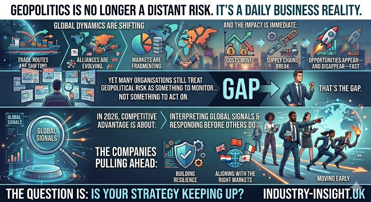 IndustInsights's tweet photo. Geopolitics is now a business reality.

Trade is shifting.
Alliances are evolving.
Markets are fragmenting.
The risk isn’t change—
it’s reacting too late.
Is your strategy keeping up? https://t.co/7k3eW6touQ