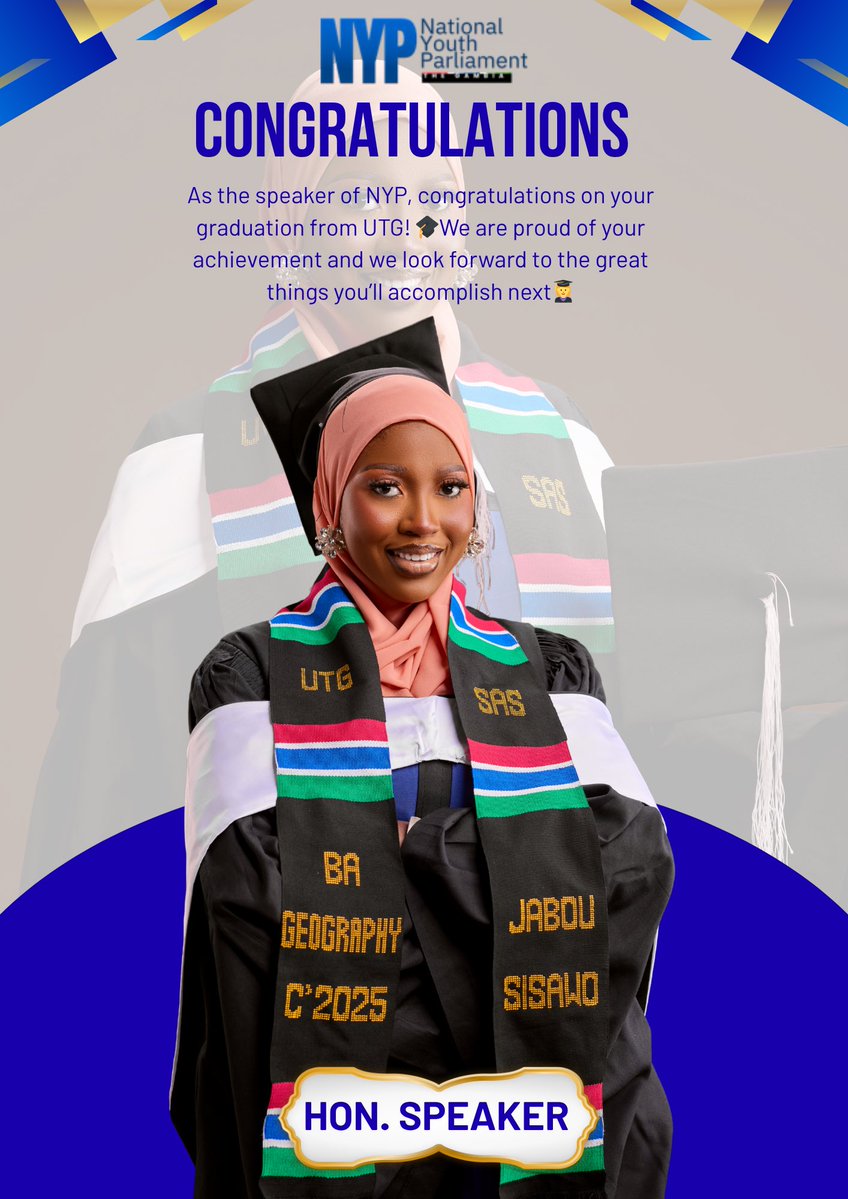 Congratulations Hon. Speaker, Jabou Sisawo👩‍🎓Today marks the successful completion of an important chapter, and we are incredibly proud of your achievement. 🥳Your dedication, hard work, and passion have truly paid off, and this is a testament to your commitment to growth 🍻💙🤍!