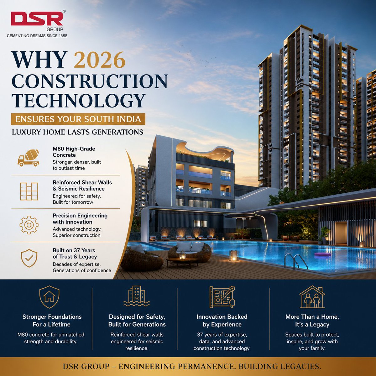 DSRInfra's tweet image. Most homes are built to impress.
Few are built to last 100 years.
2026 construction tech like M80 concrete &amp;amp; seismic-resistant design is changing the game.

#RealEstate #LuxuryHomes #Construction