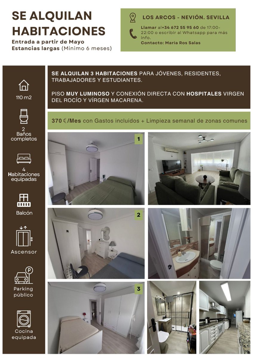 esperanzadg20's tweet photo. 🟢IMPORTANTE: Se alquilan 3 habitaciones en este precioso piso en Sevilla, muy buena zona y super bien comunicado. https://t.co/cZMNRfjuQ5