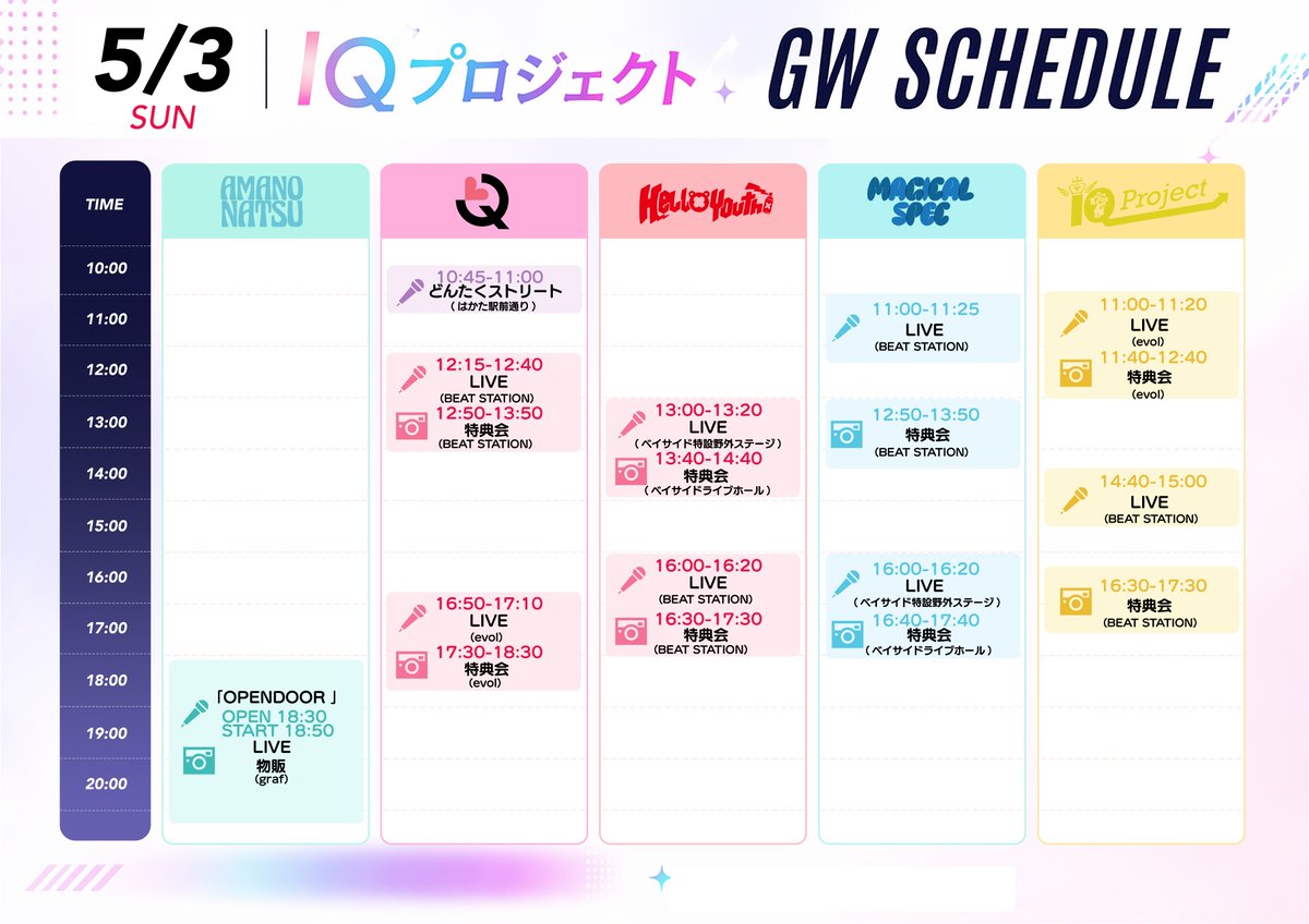 IQP_Official's tweet photo. #IQプロジェクト
\ GW(5/3-5/6) SCHEDULE /

今年も各所で盛り沢山イベントがあります！
IQプロジェクトのｽｹｼﾞｭｰﾙまとめを活用して、
GWを楽しみましょう💨

#LinQ #天野なつ #ハロユス #マジスペ #IQP研究生 #LinQKIDS https://t.co/Evs0AilpoI