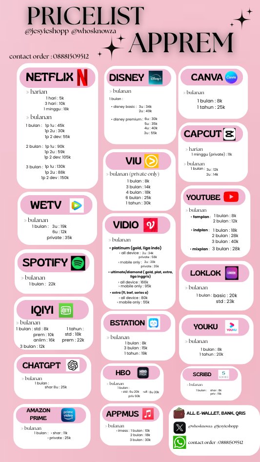 kweonhoolic's tweet photo. met malam kaka 🌃! izin promosi ^_^ aku jualan aplikasi premium nih, mulai dari netflix, viu disney spotify canva wetv iqiyi loklok vidio dll, yu intip pl ku!! since 21 yaah yang pasti trusted, fullgar, dan amanah 🤍🫶🏻 tag. wtb wts mau beli #zonauang 
💌 https://t.co/XiN7ey5pPe https://t.co/kUzyNbfTZE