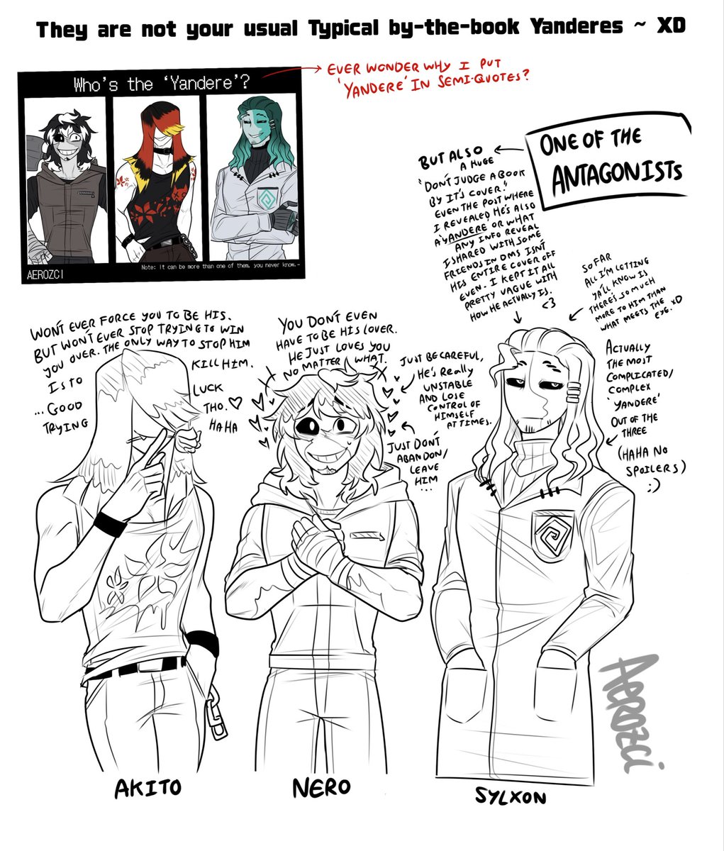 Aerozc1's tweet image. A little info reveal time! ❤️🖤💚

Haha, variety ~ XD 
- Fun fact, Akito and Nero aren’t necessarily your antagonists. 
Depends on your choices really. Sylxon on the other hand is. But there’s also much more to him ;).

| #B3tweenTheTh0rnsandR0ses #_BTTAR_ #original