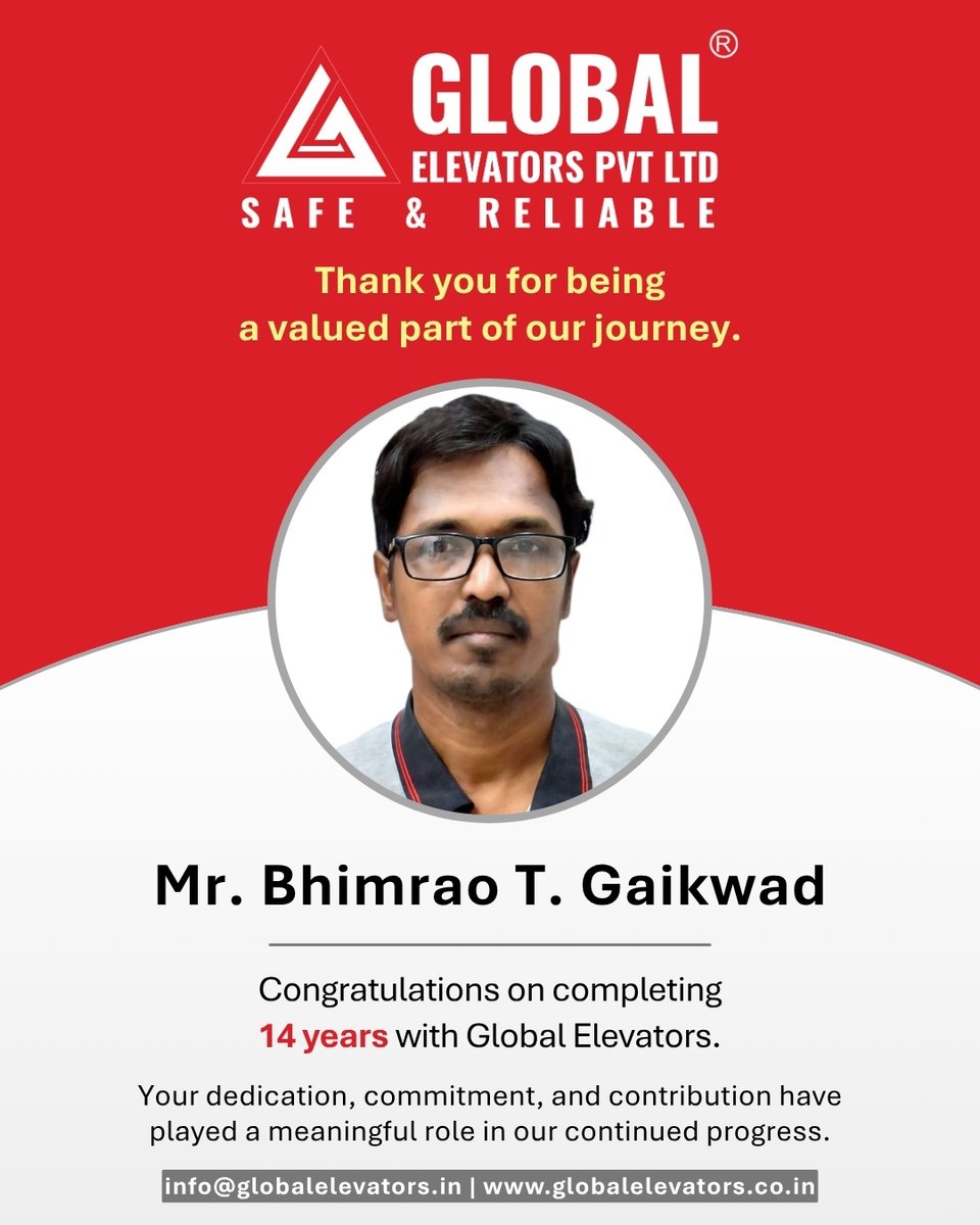 GlobalElevatorN's tweet photo. Celebrating 14 Years of Commitment and Excellence! 🎉

Mr. Bhimrao T. Gaikwad, congratulations on completing an impressive 14-year journey with Global Elevators. 

Here’s to many more years of growth and achievements together!

#WorkAnniversary #14YearsStrong #TeamGlobalElevators https://t.co/d2a1VRj0fG