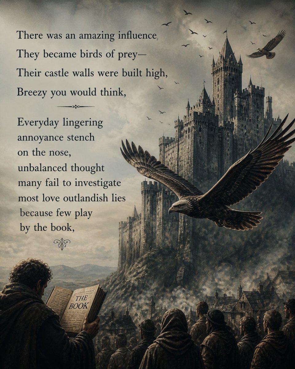 13thWordSmith's tweet image. There was an #amazing #influence,
They became birds of prey—
Their castle walls were built high,
#breezy you would think,
#Everyday #lingering annoyance stench on the nose, #unbalanced thought many fail to #investigate most love #outlandish lies, few play by the book.