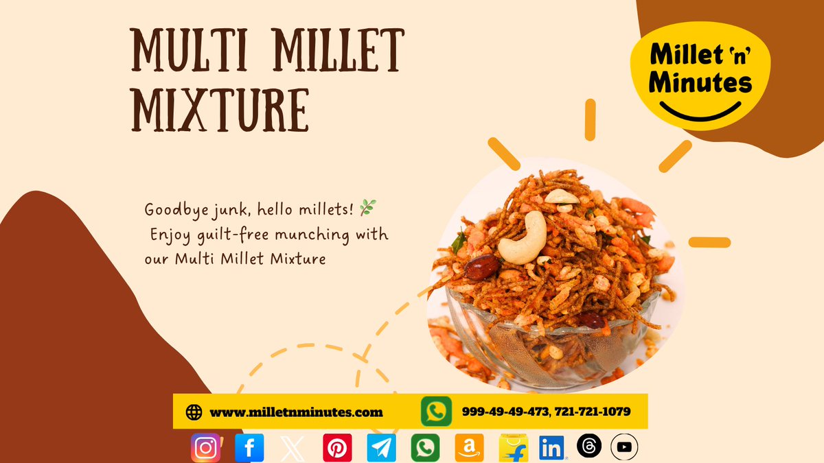 minutes9244's tweet image. Crunchy, tasty &amp;amp; healthy!Enjoy guilt-free snacking with our Multi Millet Mixture – the perfect alternative to junk food.
🌐 milletnminutes.com
📞 999-49-49-473 | 721-721-1079
#MilletMixture #HealthySnacks #SnackTime #CrunchySnack #GuiltFreeEating #HealthyFood #QuickSnacks