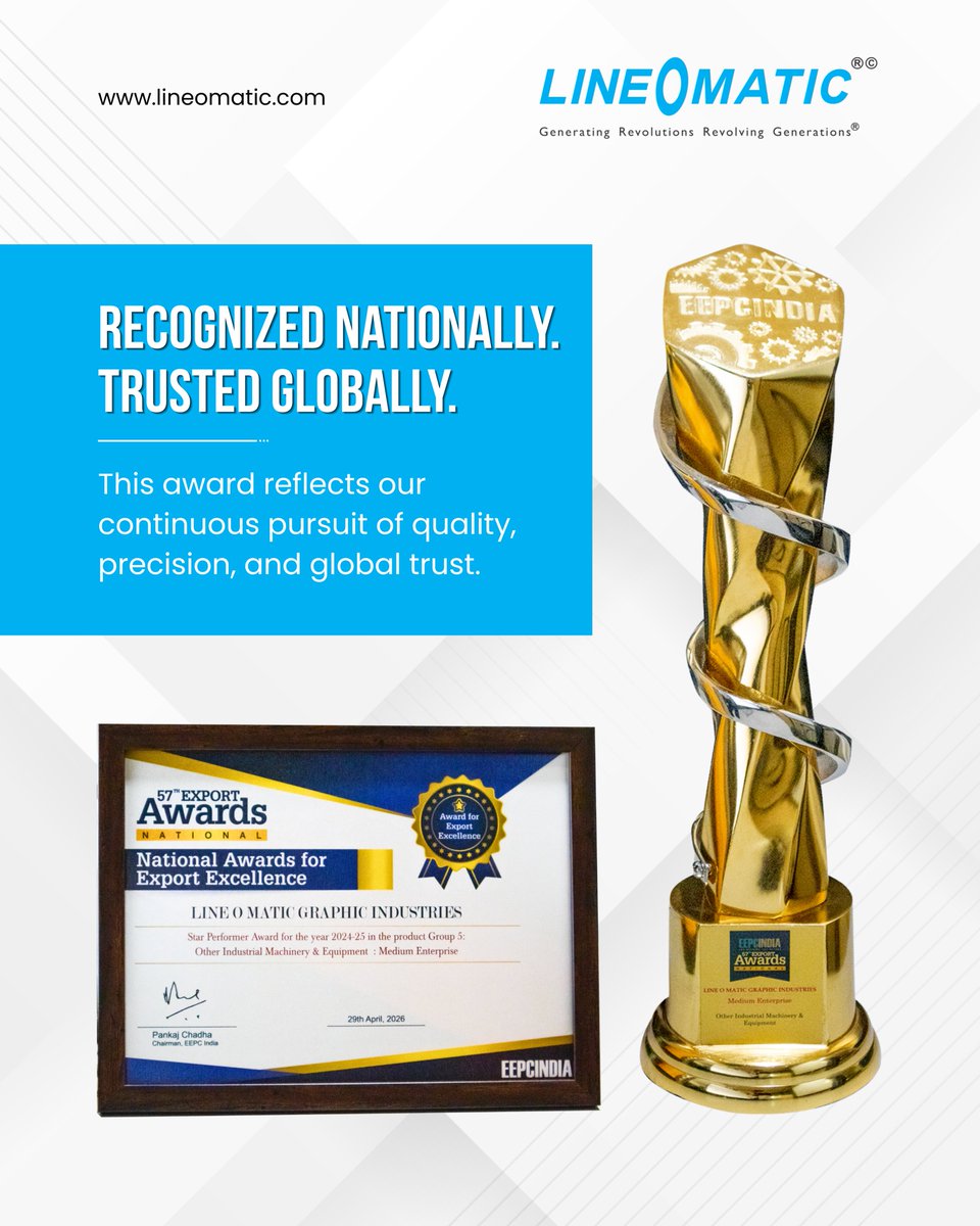 lineomatic's tweet photo. Proud Moment for Lineomatic!

We are honoured to receive the 57th National Award for Export Excellence, conferred by Nitin Gadkari, Hon’ble Minister of Road Transport & Highways, Government of India.

This prestigious recognition reflects our unwavering commitment to engineering excellence, innovation, and delivering world-class machinery solutions across global markets.

We extend our sincere gratitude to our dedicated team, valued customers, and partners for being an integral part of this achievement.

#Lineomatic #ExportExcellence #StarPerformerAward #NitinGadkari #NationalAward #EngineeringExcellence #EEPCIndia #GlobalExports #MadeInIndia