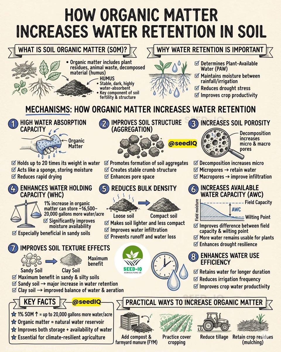 jacquemuhirwa's tweet image. More organic matter, more life, more moisture 🌱—build your soil today to secure water for tomorrow’s harvest!”

#SoilFertility #OrganicFarming #WaterManagement #SoilOrganicMatter #AgriEducation #SustainableSoils #FarmProductivity #ClimateResilientAgriculture #AgriStudents