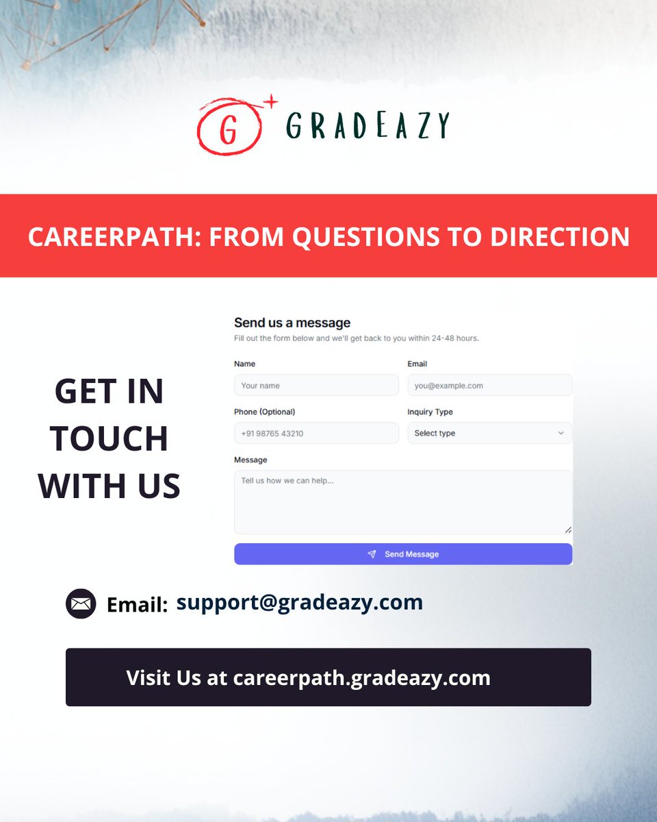 gradeazy's tweet image. Have questions? We'd love to hear from you. Send us a message using the form at careerpath.gradeazy.com/contact or email us at support@gradeazy.com.

Visit us at careerpath.gradeazy.com

#careerpath #ContactUs #GetInTouch #CustomerSupport #EducationTech #ReachOut