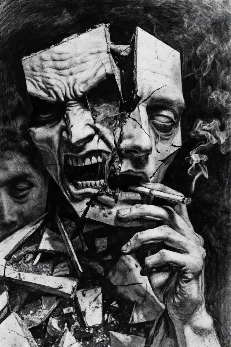 artajaoi's tweet image. Last drag b4 mask collapses. 1 hand holding it tgt, face screams release. 
This is Ajizam: shattering=only way 2 b real. What part of u is 1 cig away from breaking open? Drop thoughts below. #Ajizam #SurrealArt #PencilDraw #ArtOfDay