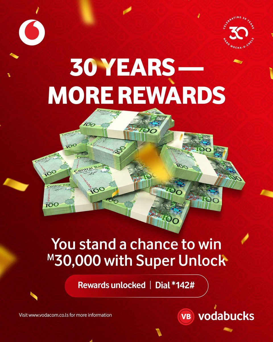VodacomLes's tweet photo. 30 years of putting customers first! 🚀

Win your share of M30,000 in Vodabucks with MyVovo this month.

Dial *142#, register and press 2 to play.
#30YearsOfRewards #Vodabucks #LesothosBestNetwork https://t.co/xMR0rqV5fc
