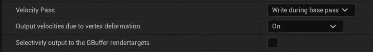 Shqne_'s tweet photo. @rikard86 go to your project settings and under the optimization tab the “velocity pass” is set to “Write during base pass” and “Output velocities due to vertex deformation” is set to “on”. if that doesn’t work it’s probably the anti aliasing or motion blur. https://t.co/M4d8ZXapQV