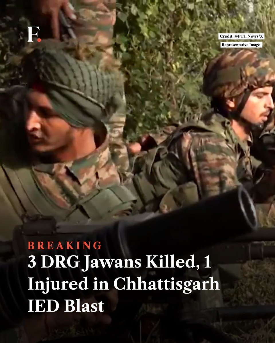 firstpost's tweet photo. In Chhattisgarh’s Kanker district, three District Reserve Guard (DRG) jawans were killed and one injured after an improvised explosive device (IED) exploded during a demining operation in a forest area on Saturday. https://t.co/9CHvStRPll