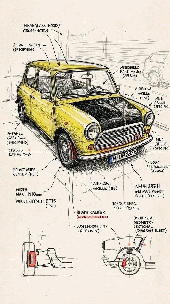 Vintage Mini Cooper Engineering Sketch - PromptGather image 1