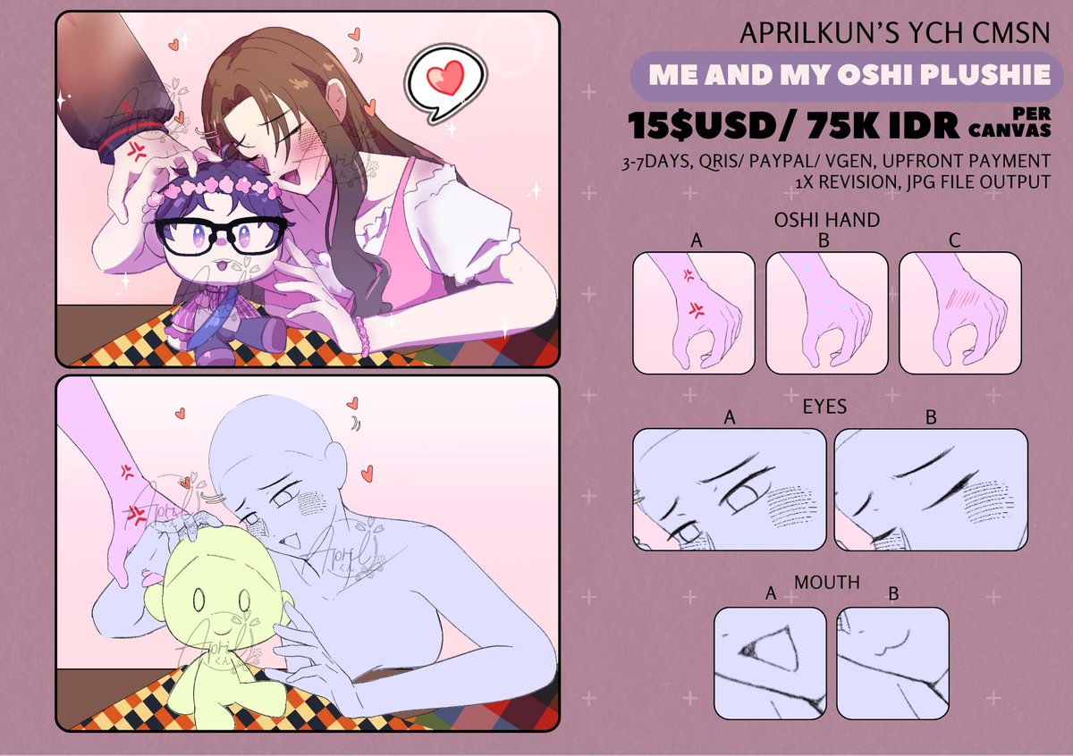 aprilkun13's tweet photo. 🌸✨ME AND MY OSHI PLUSHIE YCH✨ 🌸

Hi, Aprilkun's YCH is finally here!!
You can order through DM or vgen
🔗 Vgen https://t.co/UMA9JhPNjw

[💖&amp;🔁 appreciated]✨Thank you!✨

#commission #ych https://t.co/NNVZDrGGSV
