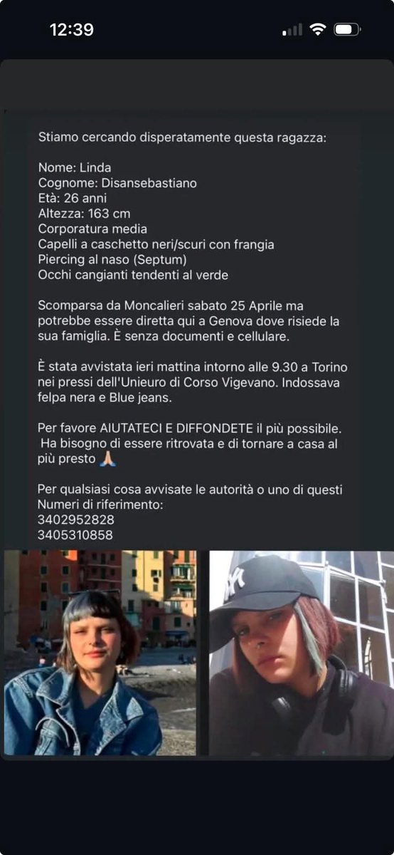 iltoroaddosso's tweet photo. Stiamo cercando Linda. Se potete, aiutate a far circolare.

#Torino #Moncalieri #Genova #2maggio2026 #2maggio #AlexZanardi #Concertone #1M2026 https://t.co/MfbM4Ni8zk