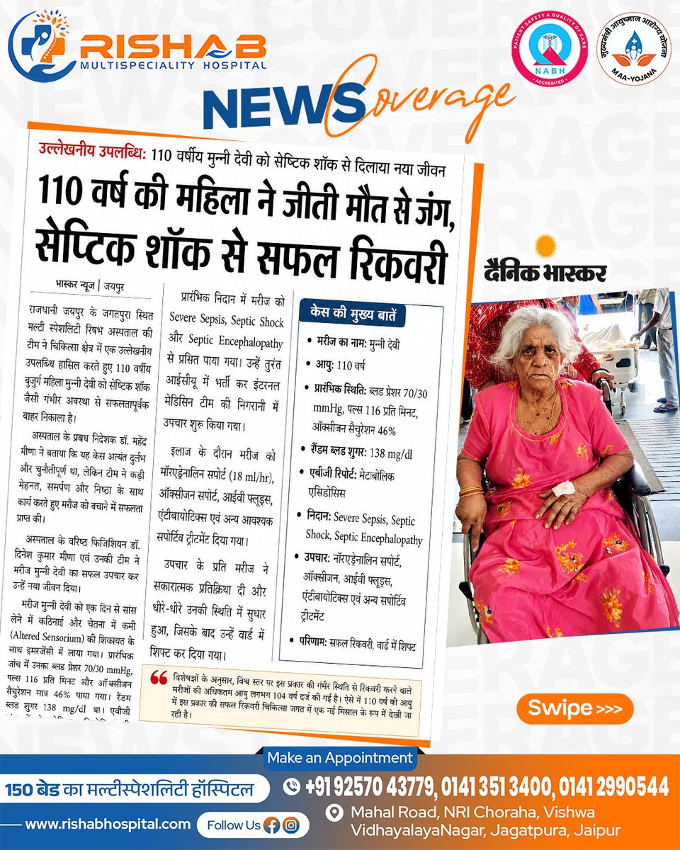 rishabhospital's tweet image. 📰 110 वर्ष की महिला ने जीती मौत से जंग | Septic Shock से सफल रिकवरी
जयपुर के Rishab Multispeciality Hospital की टीम ने 110 वर्षीय मुन्नी देवी को गंभीर हालत से बाहर निकालकर नई जिंदगी दी।
#SepsisAwareness #CriticalCare #ICUSupport #MedicalSuccess #RishabHospital #RMHJaipur
