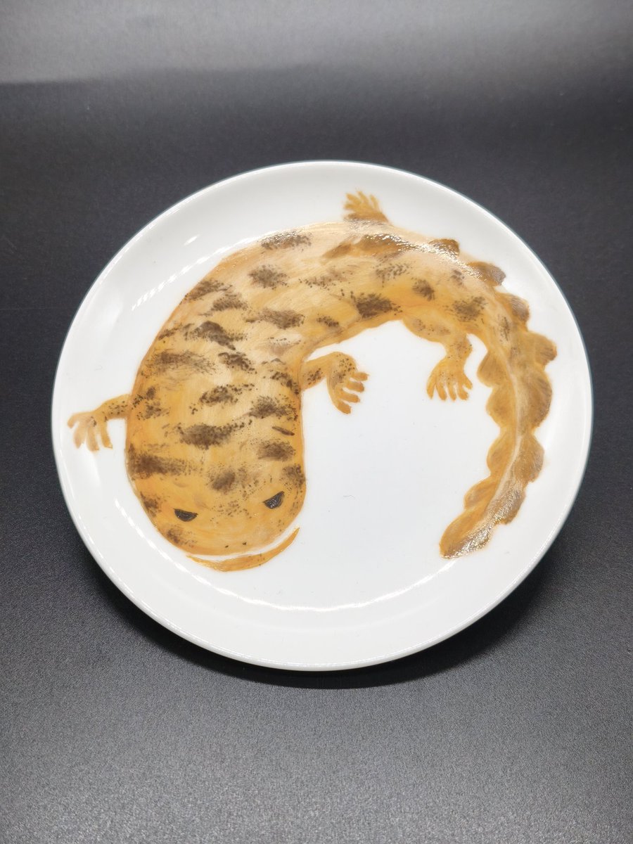 うぐいす長者のティーポットとミノタウロスの大皿、はんざき（オオサンショウウオ）の小皿です。
#深川お化け縁日
#深川お化け縁日2026
#ポーセリンペインティング