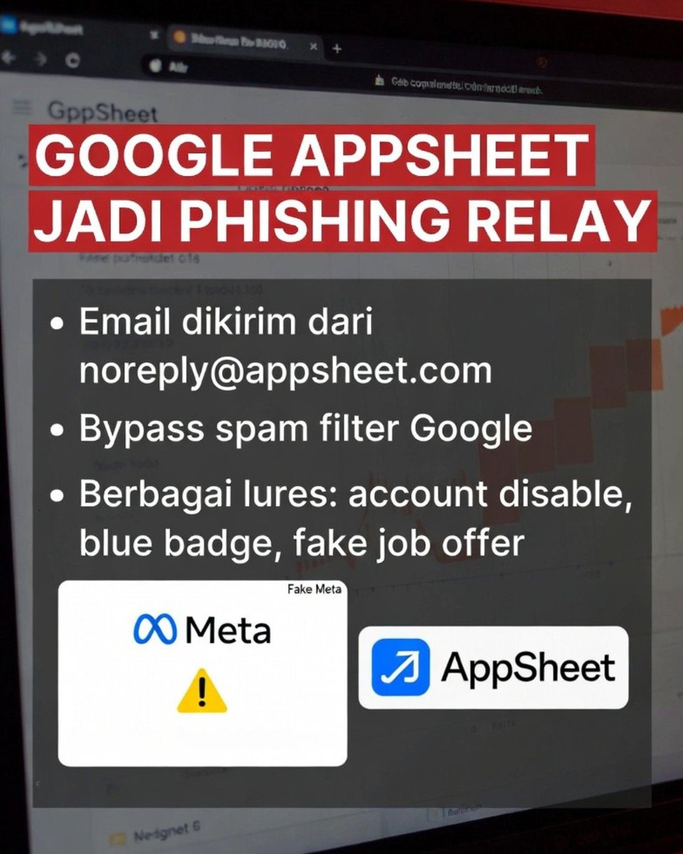 csalab_id's tweet image. 🚨 30.000 Akun Facebook dibobol lewat Google AppSheet Phishing!

Operation AccountDumpling manfaatkan AppSheet sebagai relay untuk bypass spam filter.

Akun dijual di underground market.

Waspada email mendadak dari Meta!

#Phishing #Facebook #CyberSecurity