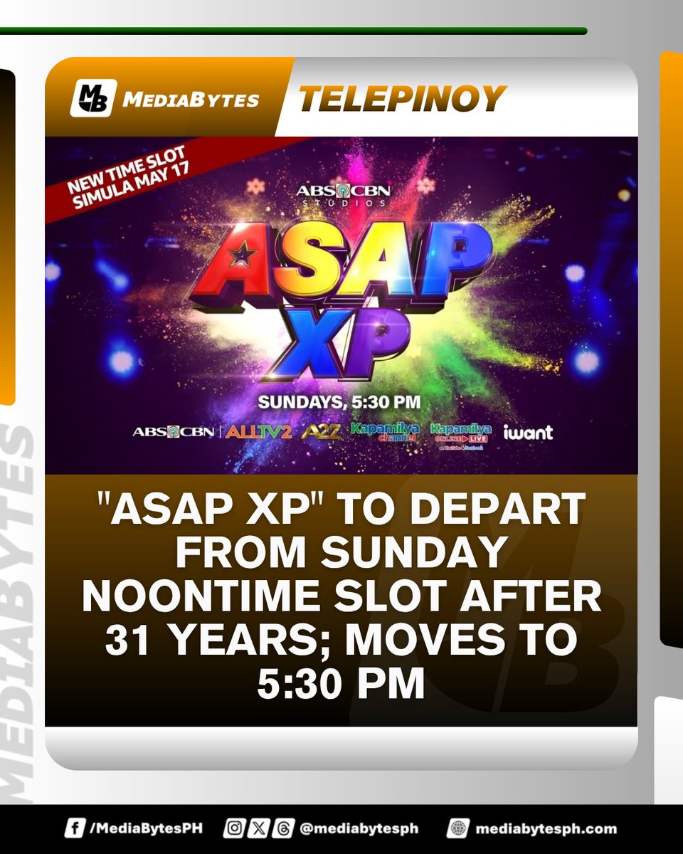 #TelePinoy | After 31 years at noontime, the legendary “ASAP XP” moves to a new 5:30 PM Sunday timeslot starting May 17!

READ MORE: mediabytesph.com/telepinoy/asap…