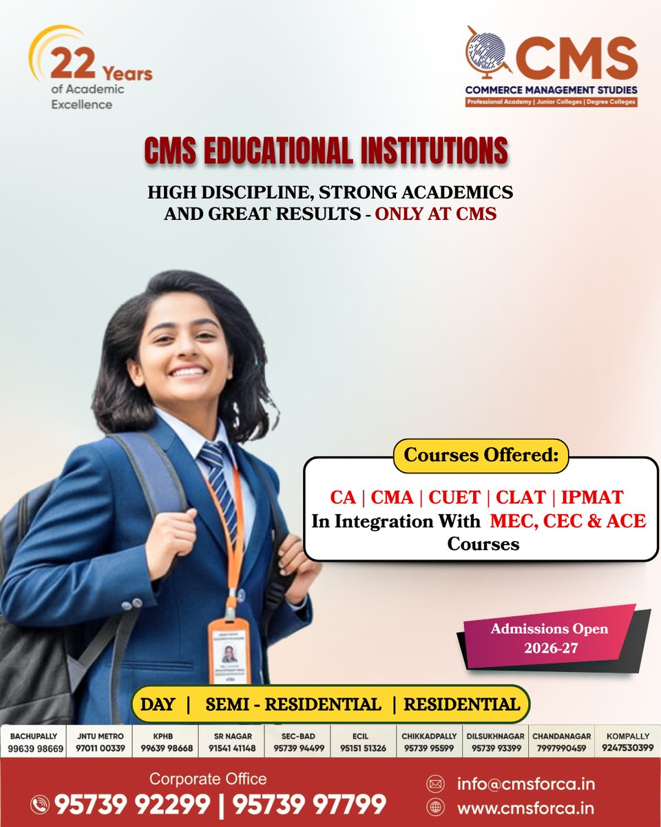 ForCms88459's tweet image. 🎓 CMS Educational Institutions
✨ 22 Years of Excellence
✔ CA | CMA | IPMAT | CUET | CLAT
✔ MEC, CEC &amp;amp; ACE Integration
✔ Strong Academics + Results

📢 Admissions Open 2026–27
📞 95739 92299
🌐 cmsforca.in
#CMS #MEC #CEC #ACE #CAFoundation #CMAFoundation