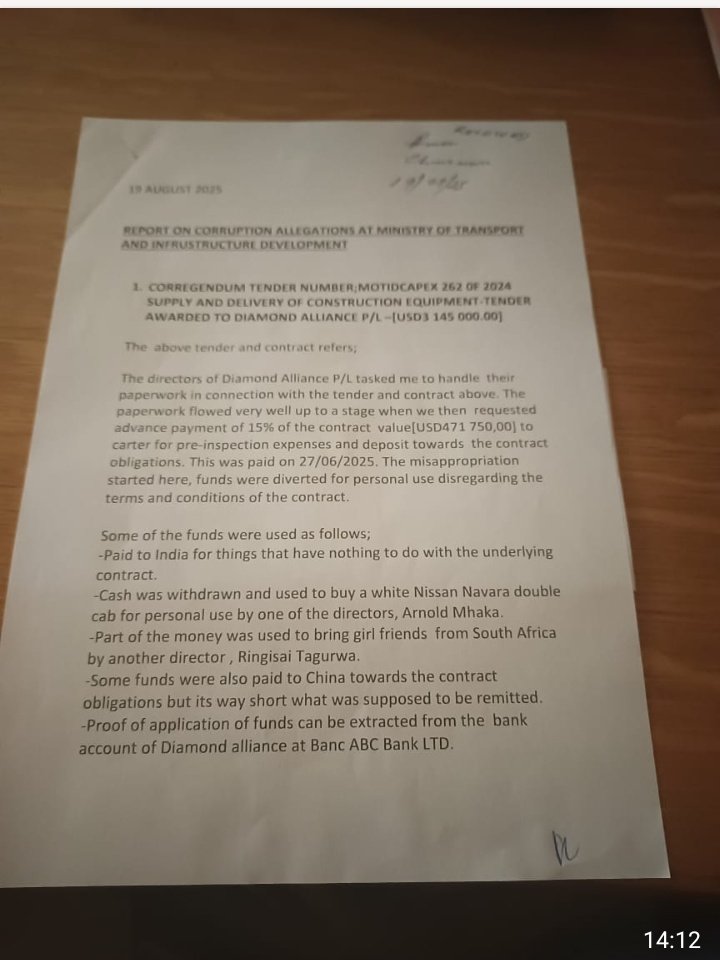 cozwva's tweet photo. Diamond Alliance 💎 company owned by Anold Mhaka &amp;Ringisai Tagurwa hiding under Tagurwa's son, was last week published by Daily News for dupping gvt 470k over the supply of US5.1 million worth of trucks to Min of Transport. The case is under ZACC investigations
@blackbrewinvest https://t.co/5S86bCmmEQ