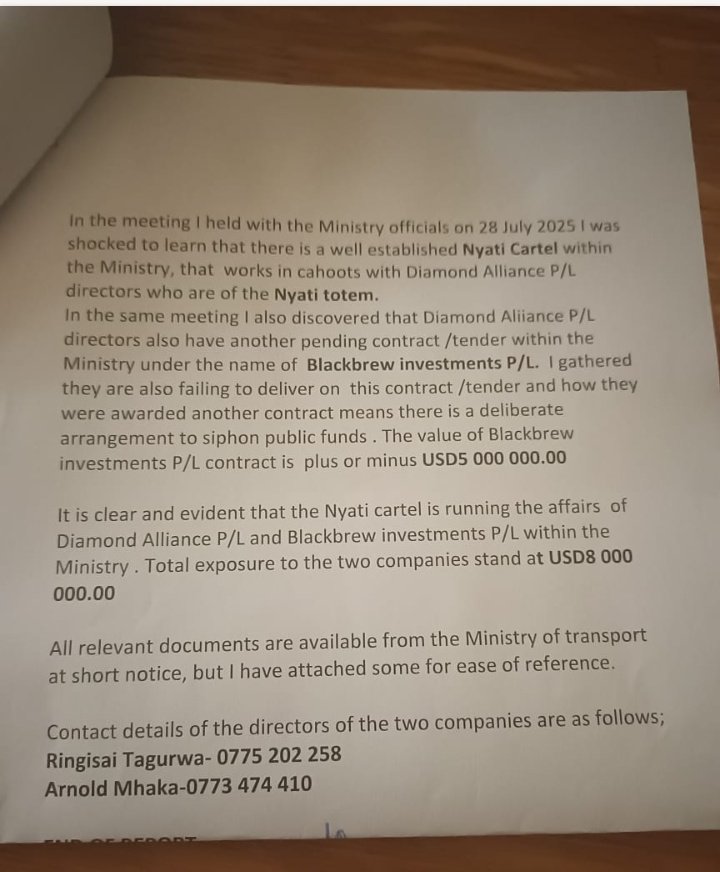 cozwva's tweet photo. Diamond Alliance 💎 company owned by Anold Mhaka &amp;Ringisai Tagurwa hiding under Tagurwa's son, was last week published by Daily News for dupping gvt 470k over the supply of US5.1 million worth of trucks to Min of Transport. The case is under ZACC investigations
@blackbrewinvest https://t.co/5S86bCmmEQ